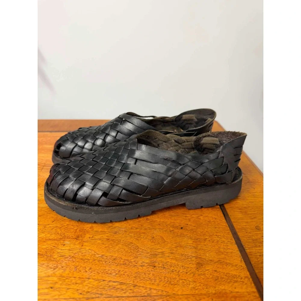 Brand X Huaraches Black Woven Leather Sandals Mens 7 Mexico Lug Sole Slip On
